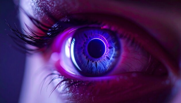 Macro close-up of a human eye glowing with futuristic purple and blue light. This intense image conveys themes of technology, artificial intelligence, cybernetics, and advanced vision.