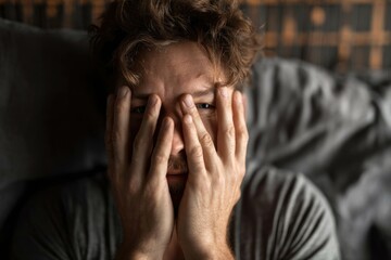 Man covering face with hands at home on bed in bedroom. Concept of nightmares and anxiety, man depressed, stress and apathy