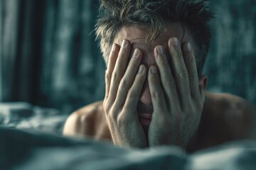 Man covering face with hands at home on bed in bedroom. Concept of nightmares and anxiety, man depressed, stress and apathy