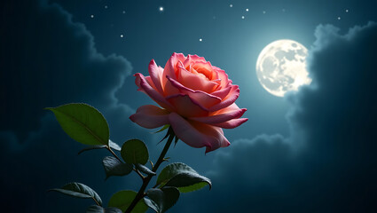 A pink rose blooms under the bright moonlight in a dreamy night sky