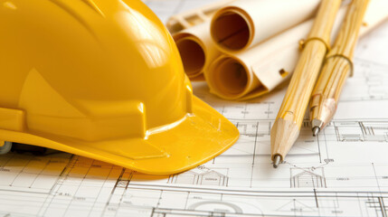Yellow Hard Hat and Architectural Blueprints with Rolled Paper and Wooden Pencils for Construction and Design Projects