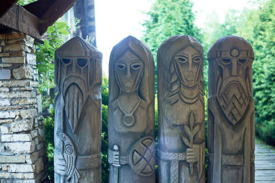 Columns of progenitors. Vikings. Stone sculptures. Gray