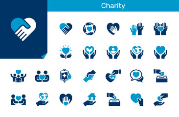 Charity icon collection for humanitarian, donation and volunteering concept, Flat design, Pixel perfect.