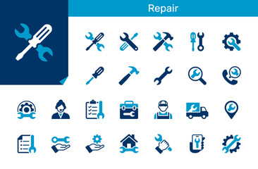 Repair icon collection for service, maintenance and support concept, Flat design, Pixel perfect.