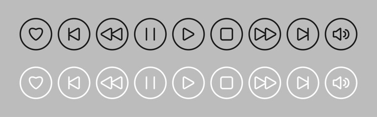 Music control outline icons set. Media player interface element with editable stroke. Audio video app black and white Buttons in flat style.