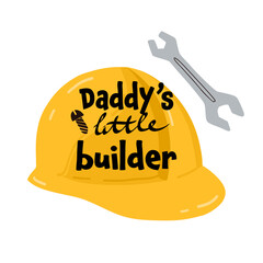 Kids t-shirt prin  with bright yellow hard hat alongside cartoon work tools, featuring the charming quote Daddy's little builder, perfect for kids who love construction.