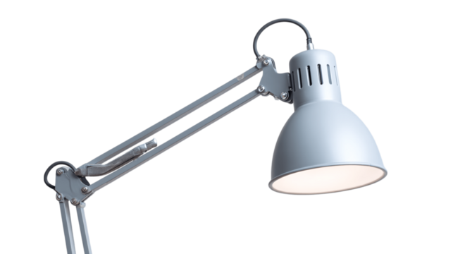 A functional adjustable clamp light, white background --ar 16:9