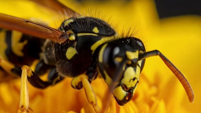 Close-up view of a yellowjacket wasp gathering nectar from a vibrant yellow flower, showcasing intricate details of the insect's anatomy and coloration.