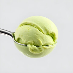 "Delicious Green Pistachio Ice Cream Scoop with Mint and Fresh Cabbage Leaves – Healthy Frozen Dessert on White Background"

