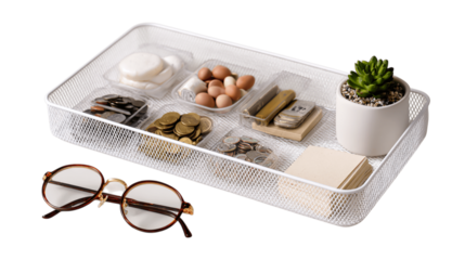 A lightweight steel mesh organizer tray, white background --ar 16:9