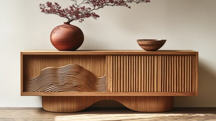 Ornate wooden cabinet with sculpted waves and fluted details.