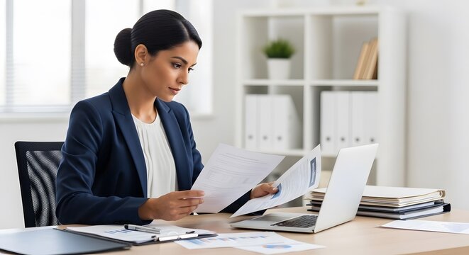 Focused businesswoman meticulously reviews important financial documents at her desk, a laptop nearby, in a bright modern office setting.