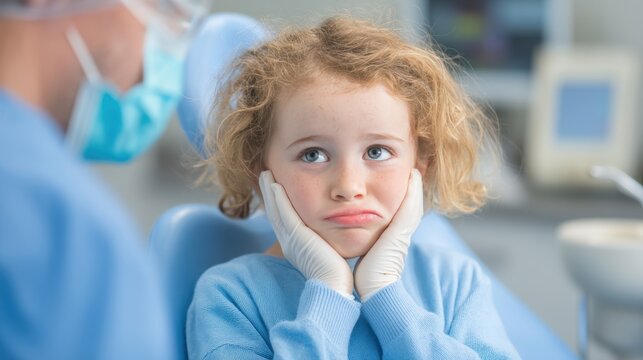 Concerned child in dental clinic looking at dentist with unease