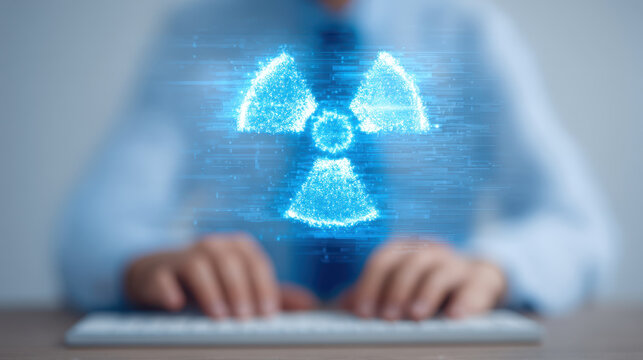 Digital hologram of radioactive hazard symbol glowing above hands typing on keyboard, futuristic technology concept