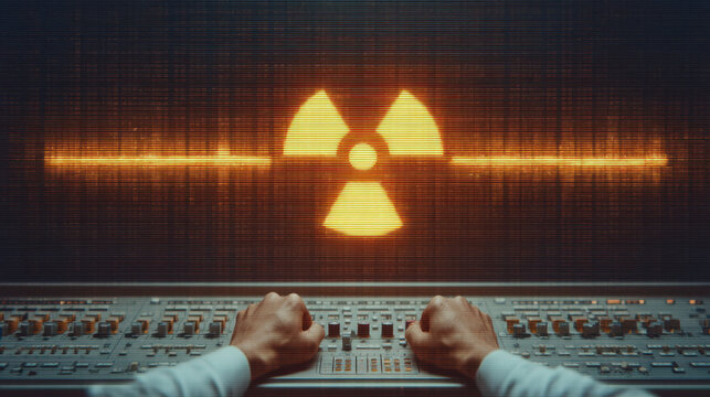 Nuclear warning symbol, hands on control panel, radiation hazard, technology interface, safety alert, glowing sign