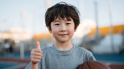 Smiling young boy holding basketball and giving thumbs up showing confidence and joy in sports environment