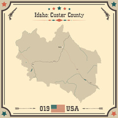 Obraz premium Large and accurate map of Custer County, Idaho, USA with vintage colors.