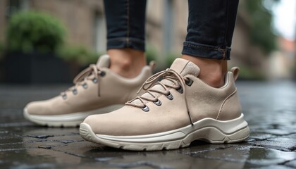 Beige leather hiking sneakers on wet pavement. Stylish urban footwear for outdoor adventures. Comfortable trendy shoes for city walks, travel. Woman wearing modern casual footwear in detail close-up.