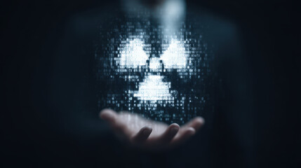 Nuclear hazard symbol digital data glowing icon hand gesture dark background technology concept