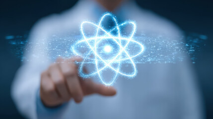 Atomic model Science technology Digital atom Futuristic interface Energy concept Innovation visualization Hand interaction