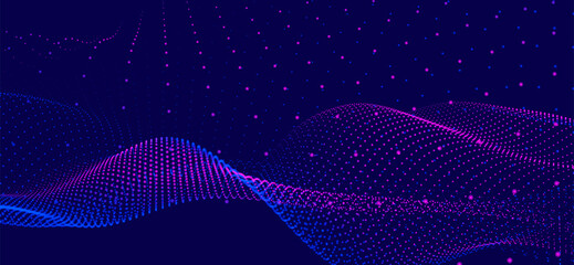 Abstract background with dynamic color wave. Futuristic dotted wave of bright particles. Colorful background for presentation design. Wide format 3D illustration. Weave effect.