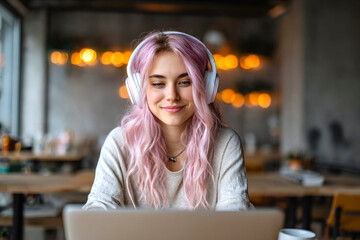Young freelance woman with pink hair working on laptop in loft cafe with modern interior, concept of online work