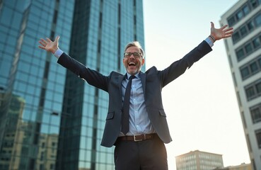 Happy, mature businessman with arms outstretched in front of modern office building. Ecstatic male celebrates success. Joyful man with gray hair in suit enjoying freedom after work outdoors.