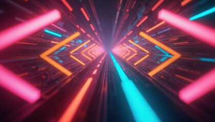 Dynamic neon arrows display in different colors against dark background. Modern visual effect creates exciting vibe. Light show, technology, futuristic concept, direction, innovation, digital art.