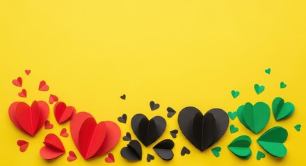 Pan-African flag color hearts on yellow background with copy space