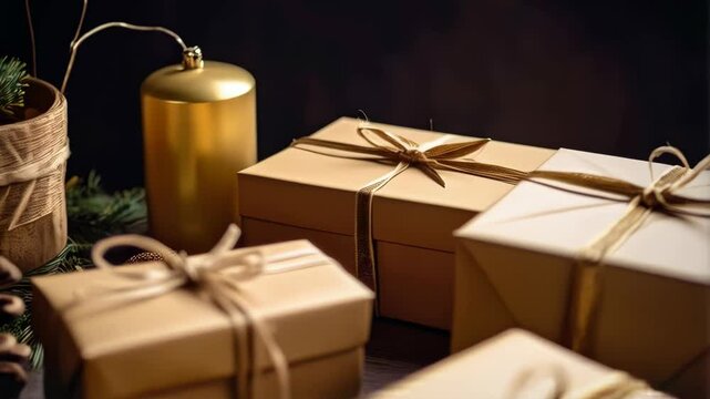Group of wrapped gift boxes tied with ribbon, pinecone, golden candle on a dark background