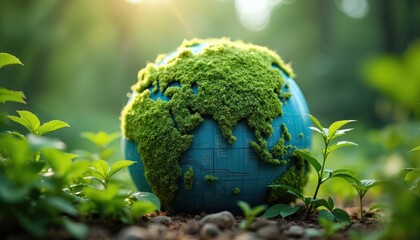 Earth globe covered green moss. Concept of net zero greenhouse gas emissions target, protecting planet. Environmentally friendly business development. Reduce global warming, limit climate change,