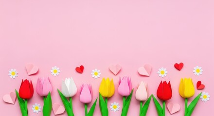 Row of colorful tulips with hearts and daisy flowers on pink background