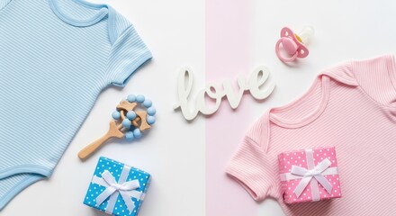 Baby clothes, pacifier, wooden rattle and gift box on pink and blue background with love text