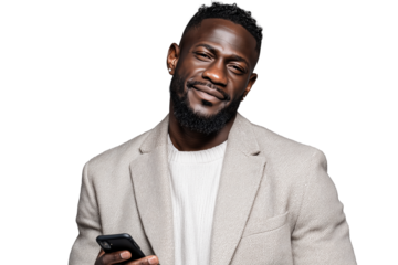 Smiling men using smartphones PNG with a transparent background

