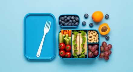 Healthy lunch box with fresh food on blue background