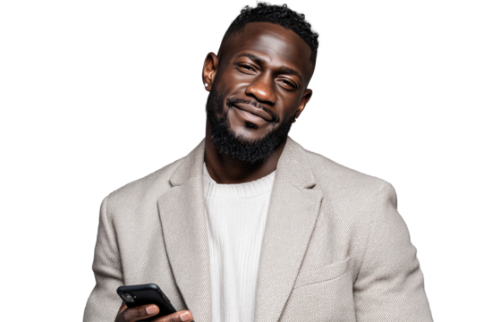 Smiling men using smartphones PNG with a transparent background