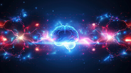 Digital Rendering of Brain Surrounded by Energetic Lights and Abstract Particles