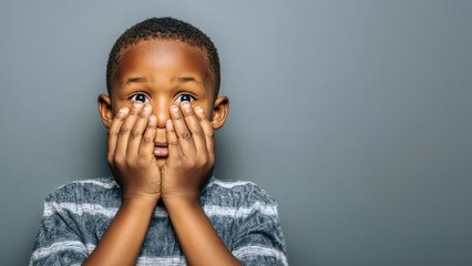 Frightened African boy covering face with hands, on gray background. Child experiencing stress, concept of childhood fear and anxiety