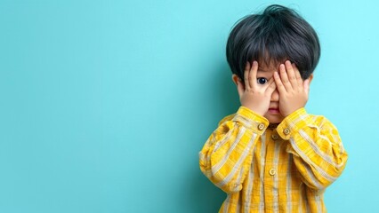 Frightened Asian boy covering face with hands, on blue background. Child experiencing stress, concept of childhood fear and anxiety