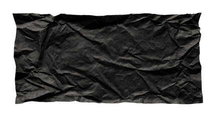 piece of black textured paper with many folds and creases isolated on white background