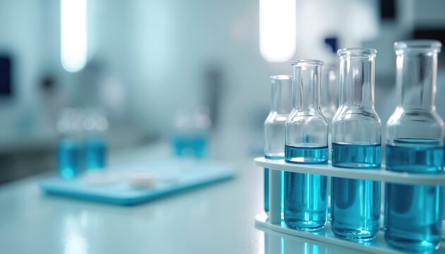 Detailed close-up medical lab with test tubes and analytical equipment. Clear glass flasks filled with blue liquid. Laboratory setting, scientific background, healthcare and chemical research. - Powered by Adobe