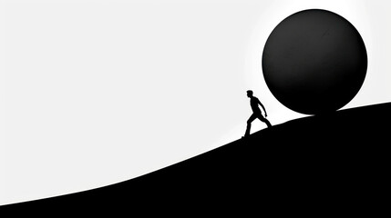 Silhouette of a Person Walking Uphill with a Large Sphere on a Minimalistic Background for Conceptual and Creative Uses