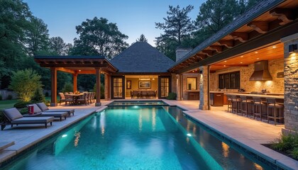 Luxury backyard oasis with swimming pool pergola outdoor kitchen design. Patio with furniture, lounge area, dining space. Modern house with garden, trees, relax zone for vacation, spa resort concept.