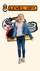 Pixel pop collage style girl jumps excitedly with a backpack, celebrating a fun back to school...