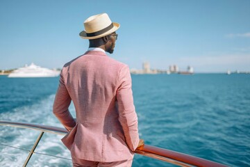 Fashionable successful african businessman standing on private boat, luxury yacht trip concept, summer vacation