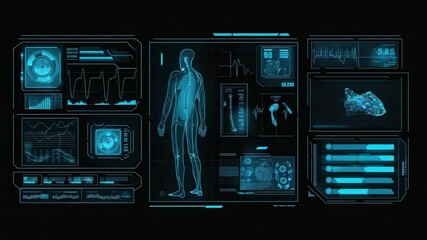 Opening panels causing silhouette rotating in digital hub during diagnostics, with ECG and dials - Powered by Adobe