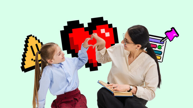 Gamified digital collage where teacher and student form a heart shape with their hands. Concept of social media content for kids education brands and youth focused promotional content
