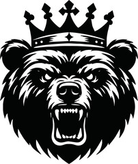 silhouette angry bear head with crown vector logo isolated on white background