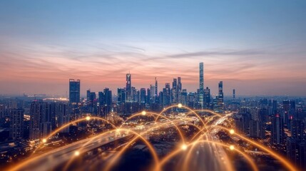 Futuristic metropolitan cityscape at twilight, showcasing advanced energy networks and architecture.