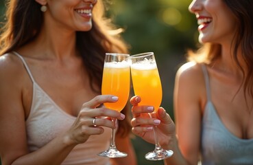 Two women celebrate in garden. Clink champagne glasses with orange cocktails. Friends enjoy drinks at outdoor party, smiling, laughing. Summer fun, leisure, friendship. People enjoying, celebrating,